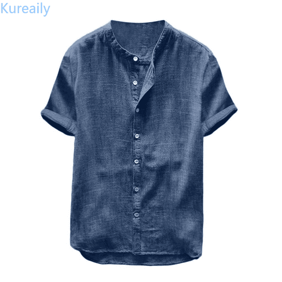 Kureaily Men's Summer Lightweight Cotton Linen Shirts Casual Short Sleeve Breathable Collar for Beach Vacation