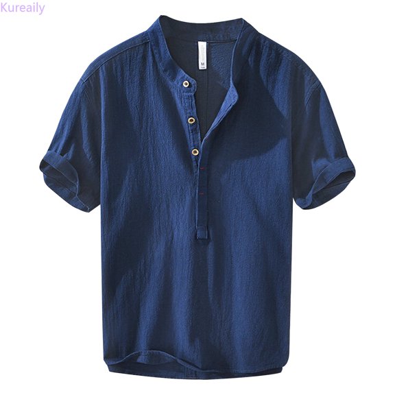 Kureaily Men's Summer Linen Short Sleeve Casual Half Button Shirt Men's Casual T-Shirts,X-Large/(Blue)