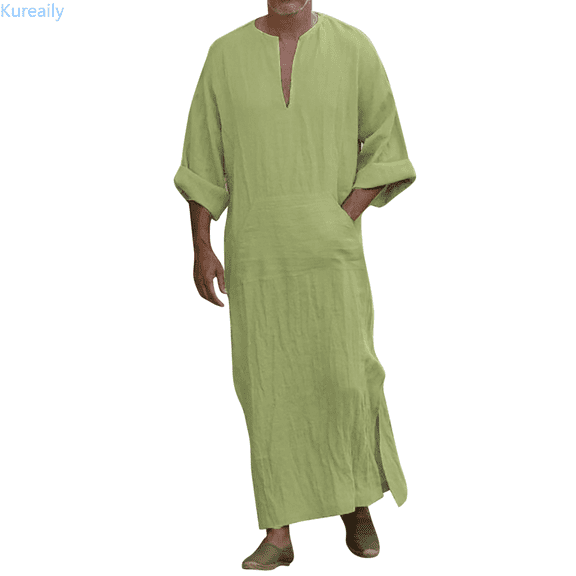 Kureaily Men's V-Neck Linen Robe Short Sleeve Long Gown Casual Shirt for Beach, Summer