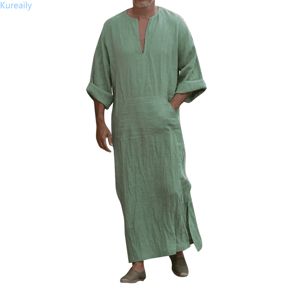 Kureaily Men's V-Neck Linen Robe Short Sleeve Long Gown Casual Shirt for Beach, Summer