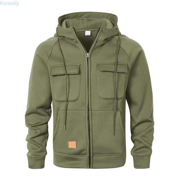 Kureaily Men's Winter Pocket Casual And Fashionable Drawstring Zipper Hooded Sweatshirt Casual Hooded Sweatshirts