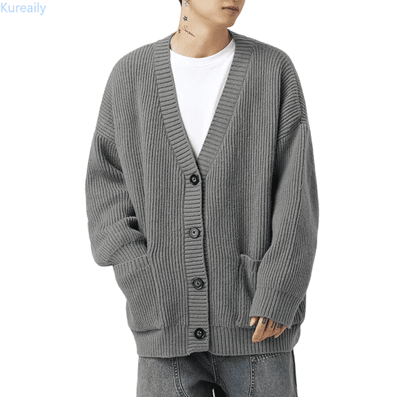 Kureaily Mens Cardigan Sweater Button Down Long Sleeve V Neck Knit Sweaters Japanese Streetwear Clothes Mens Pullover Sweater