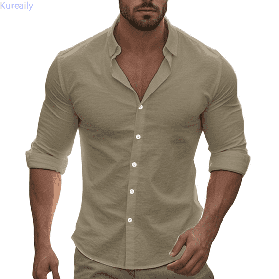 Kureaily Mens Casual Cot Ton And Buckle Solid Color Nine Sleeve Shirt Shirt Top Lightweight Shirts