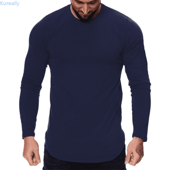 Kureaily Mens Casual Sports Fitness Outdoor Curved Hem Solid Color Round Neck T Shirt Long Sleeve Top Lightweight Short Sleeve T-Shirt