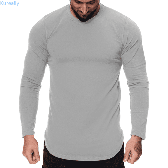 Kureaily Mens Casual Sports Fitness Outdoor Curved Hem Solid Color Round Neck T Shirt Long Sleeve Top Summer Lightweight T-Shirts