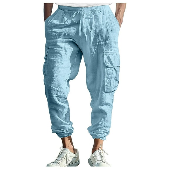 Kureaily Mens Cotton Yoga Pants Elastic Waist Trousers Casual Summer Beach Cargo Pants