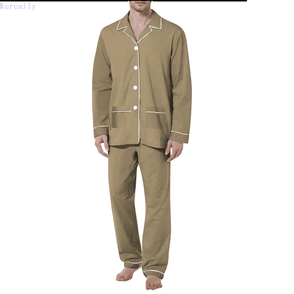 Kureaily Mens Four Seasons Leisure Soft And Comfortable Home Solid Color Shirt Pants Pajama Set Home Service Two Piece Set Pajama Pants Sleepwear