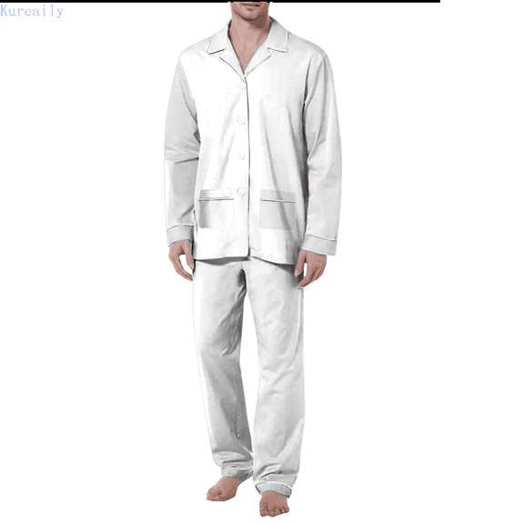 Kureaily Mens Four Seasons Leisure Soft And Comfortable Home Solid Color Shirt Pants Pajama Set Home Service Two Piece Set Two-Pieces Loungewear
