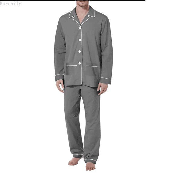 Kureaily Mens Four Seasons Leisure Soft And Comfortable Home Solid Color Shirt Pants Pajama Set Home Service Two Piece Set Soft Lightweight Sleep Sets