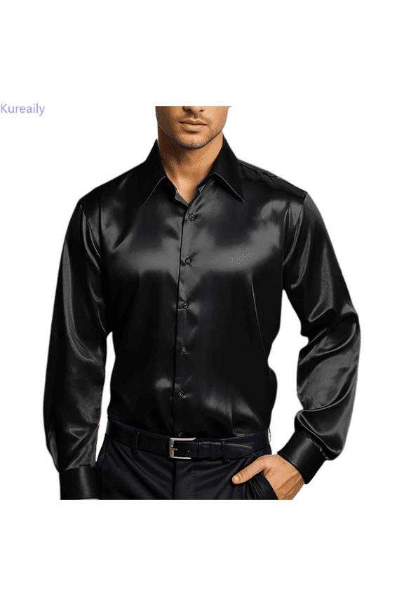Mens Satin Dress Shirt Long Sleeve Silk Shiny Party Shirt