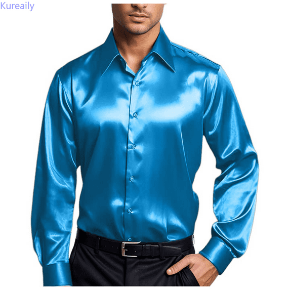 Kureaily Mens Satin Dress Shirt Long Sleeve Silk Shiny Party Shirt