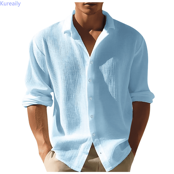 Kureaily Mens Shirt Waffle Button Down Shirts Long Sleeve Casual Work Dress