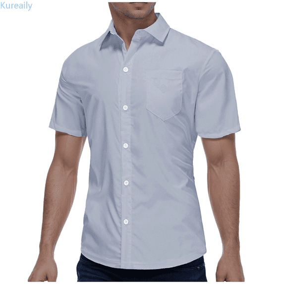 Kureaily Mens Short Sleeve Dress Shirt Wrinkle Free Solid Casual Button Down Shirts for Summer Business Wedding