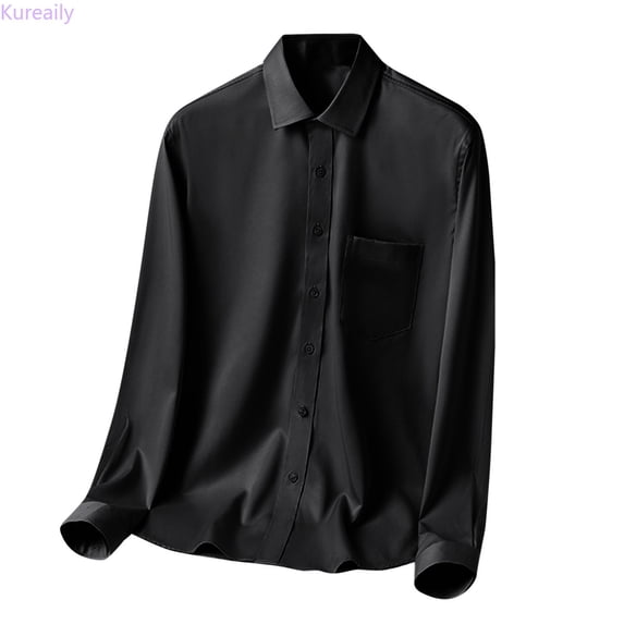 Kureaily Mens Solid Color Shirt Long Sleeve Casual Business Non Ironing Shirt Overalls Long Sleeve Dress Shirt,Large/(Black)