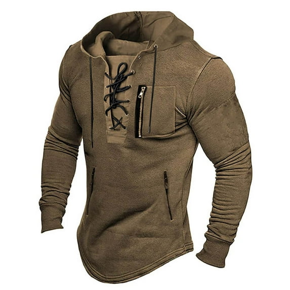 Kureaily Mens Spring And Autumn Casual Solid Lace Up Hooded Long Sleeve Sweater Men's Pullover Hoodies