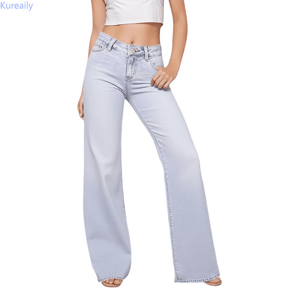 Kureaily Mid Low Rise Baggy Jeans Wide Leg For Women Distressed Pants Stretchy Bottom Lady Basic Comfortable Denim Loose Lounge Trousers