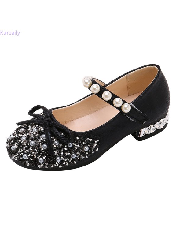Performance Dance Shoes For Girls Childrens Shoes Pearl Rhinestones Shining Kids Shoes/ Size 13.5,8-9 Years(Black)