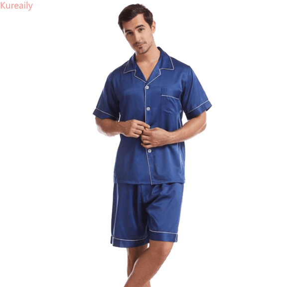 Kureaily Plain Satin Sleepwear Soft Smooth Short Sleeve Short Pant Sleepwear Man With Pockets Two Piece Pajamas Summer Pajamas