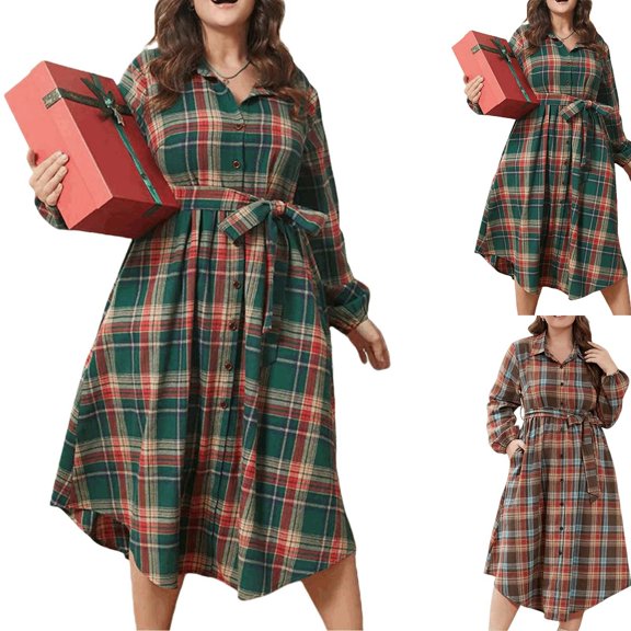 Kureaily Plus Size Casual Plaid Dress With Adjustable Tie Belt Functional Pockets Button Front Details And Curved Hem Design F or Everyday Comfort (Yellow,Medium)