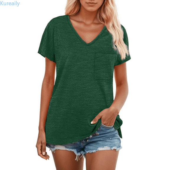 Kureaily Pocket Detail Short Sleeve T Shirt With Contrast Trim Casual Comfort Fit Tee Top For Everyday Wear Casual Blouses