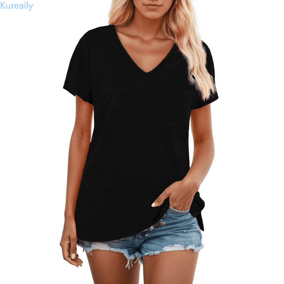 Kureaily Pocket Detail Short Sleeve T Shirt With Contrast Trim Casual Comfort Fit Tee Top For Everyday Wear Women's Loose T-Shirt