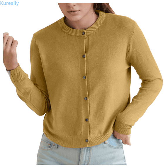 Kureaily Pure Cardigan Twin Sets For Women Round Neck Long Sleeve Button Down Soft & Warm Sweater Long Sleeve Cardigan