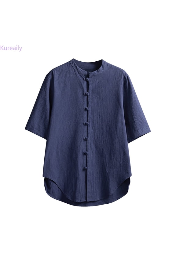 Retro Collar Cotton Short Sleeved T Shirt Men'S Tang Clothing Plate Buckle Casual Hanfu Men'S Breathable Cotton Shirt Vacation Wedding Short Shirts,Medium/(Blue)