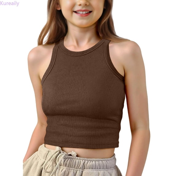 Kureaily Ribbed Sleeveless Crop Top For Girls Soft Summer Casual Tee Shirt Comfortable Kids Vest Basic/ 8-11 Years/ Big Kid (Brown)