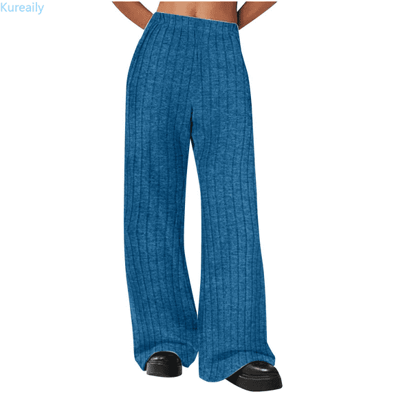 Kureaily Ribbed Wide Leg Pants With Pockets Casual Relaxed Comfy Loose Soft Knit Pajama Pants Straight Leg Pant