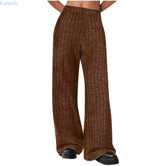 Kureaily Ribbed Wide Leg Pants With Pockets Casual Relaxed Comfy Loose Soft Knit Pajama Pants Women Summer Pants