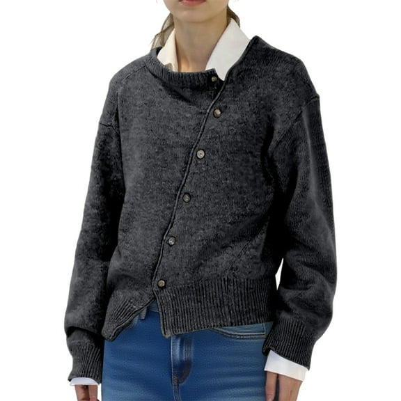 Kureaily Solid Color Asymmetrical Button Front Open Front Cardigan Loose Fit Casual Knit Sweater Jacket Round Neck Outerwear Cardigan Outerwear