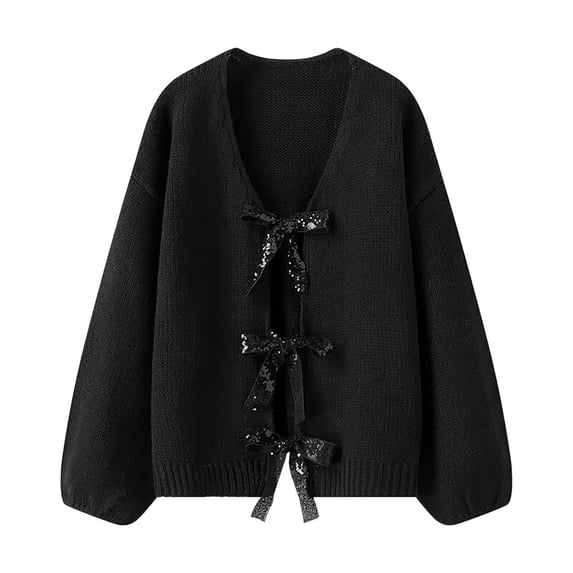 Kureaily Sparkly Bow Tie Loose Knit Cardigan Sweater For Women Shimmering Sequin Design Cozy Oversized Outerwear For Casual Wear Loose Cardigan Coats