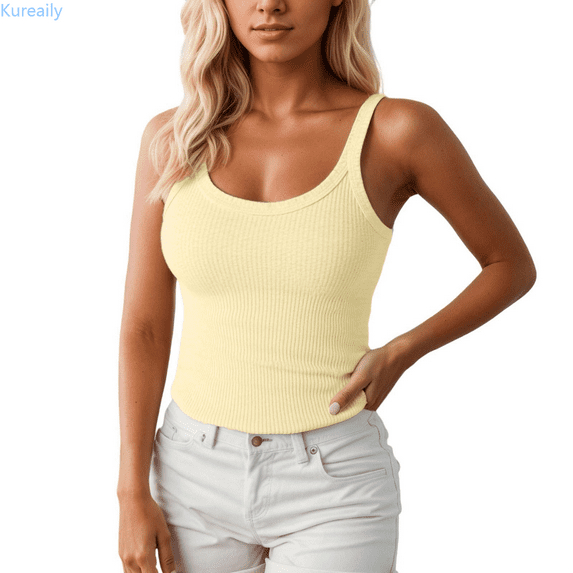 Kureaily Stretch Camisole Top Soft Ribbed Knit Sleeveless With Built In Bra For Comfortable Layering And Everyday Wear Basic Camisole Shirts