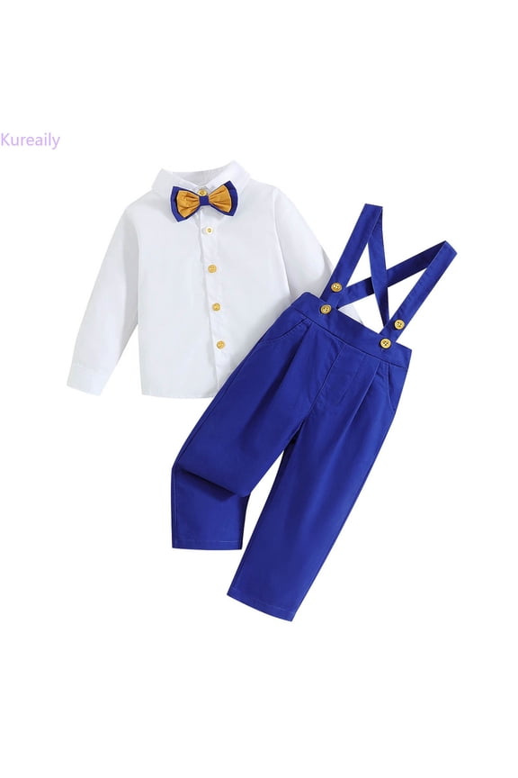 Stylish Boys Suits Set Formal Long Sleeve Shirt With Suspenders Pants Outfits For Kids Spring Autumn Performance Party Wear 1-2 Years