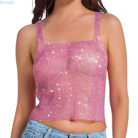 Kureaily Stylish Women's Tank Tops For Parties And Nightclubs Rhinestone Sleeveless Crop Top For A Seductive Tank Tops for Women