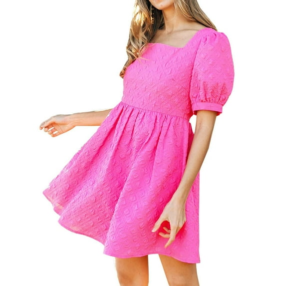 Kureaily Summer Chic Solid Color Textured Short Puff Sleeve Dress For Women Elegant Knee Length Casual Fashion