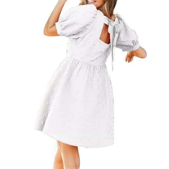 Kureaily Summer Chic Solid Color Textured Short Puff Sleeve Dress For Women Elegant Knee Length Casual Fashion