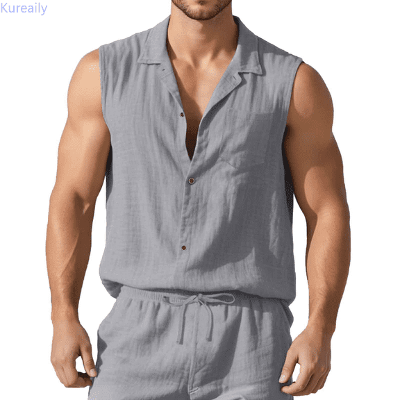 Kureaily Summer Men's Lapel Thin Loose Casual Sleeveless Shirt Vest Vacation Wedding Shirts