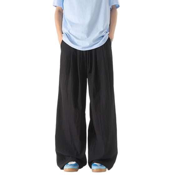 Kureaily Summer New Men's Ice Silk Imitation Inen Drape Casual Straight Pants Wide Leg Mopping Pants