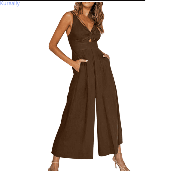 Kureaily Summer Sling V Neck Hollow Pleated High Waist Wide Leg Ladies Jumpsuit Women Lightweight Jumpsuit