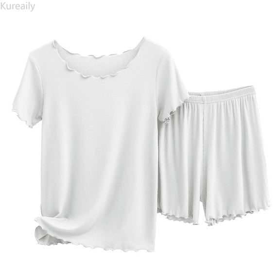 Kureaily Thin Cotton Ribbed Short Sleeved Shorts Set Women's Pajamas Can Be Worn Outside To Show Temperament Comfortable And Fashionable Home Service Casual Sleepwear
