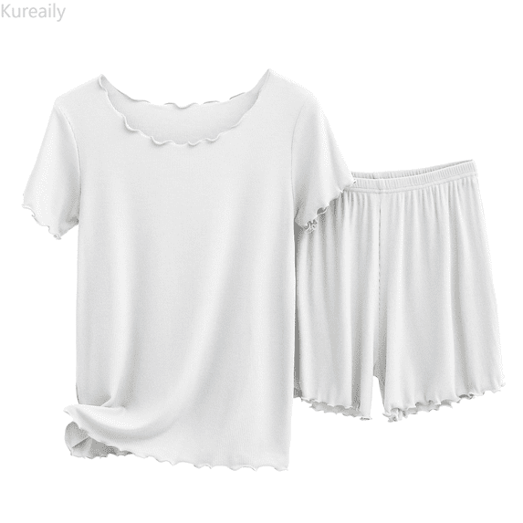 Kureaily Thin Cotton Ribbed Short Sleeved Shorts Set Women's Pajamas Can Be Worn Outside To Show Temperament Comfortable And Fashionable Home Service Soft Lounge Sets