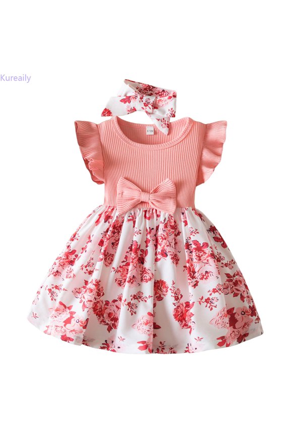 Toddler Children Girls Fly Sleeve Flowers Prints Bowknot Dresses Clothes Headband Suit 18-24 Months