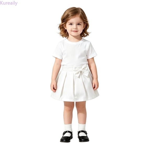 Kureaily Toddler Girls Pleated Skirt, Cute Bow Decor A‑Line Skort, Kids Uniform Skirt for Back to School, Little Girl Casual Short Skirt (White)