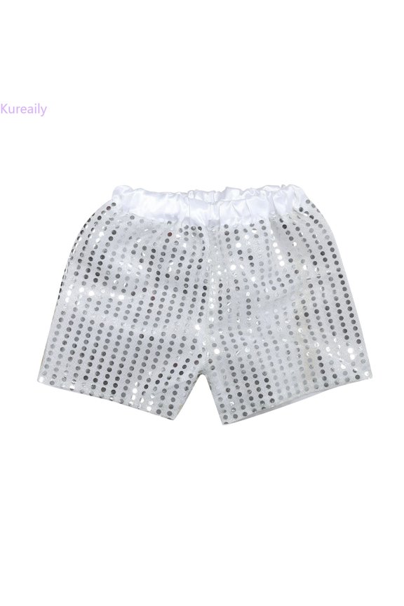 Toddler Kids Baby Girls Boys Sparkly Sequins Elastic Waist Birthday Shorts Pants Party Shorts/ 5-6 Years/ Little Kid (White)