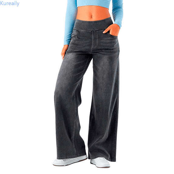Kureaily Wide Leg Jeans Woman High Waisted Pull On Baggy Jeans for Women Stretchy Trendy Womens Jean Straight Casual Denim Pants
