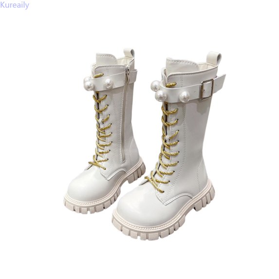Kureaily Winter Autumn Girls Boots With Pearl Buckle And Golden Laces High Top Footwear For Toddler Kids Youth Teen 11.5-12 Years