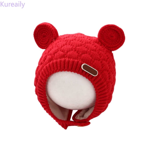 Kureaily Winter Baby Hat With Ear Soft Knitted For Boys Girls Toddler Cold Weather Windproof Warm Cap ,Outdoor Hats For Kids Size 3-12 Months ,Red