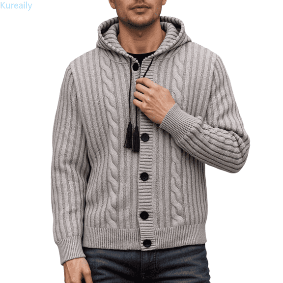 Kureaily Winter Lined Hooded Sweater Coat Long Sleeve Pullover Warm Knitted Outerwear Casual Soft Comfortable Jacket For Cold Weather Mens Sweaters Lightweight