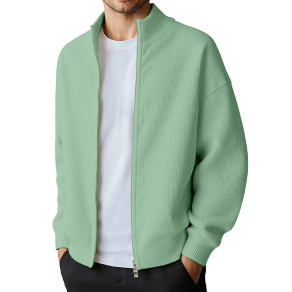 Kureaily Winter Solid Color Rib Knit Double Zipper Casual Jacket Without Hood With Texture For Everyday Wear Men's Casual Overcoat